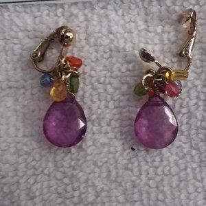 Earrings, Clip On, Purple Tear Drop with Smaller Beads Above